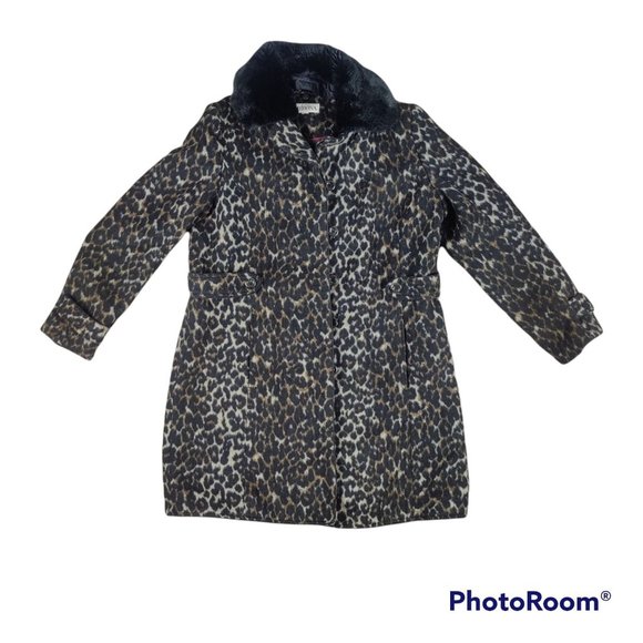 Merona Jackets & Blazers - Merona leopard animal print trench style coat/jacket black faux fur collar EUC